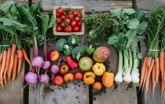 Variety of colorful fresh vegetables arranged on a rustic wooden table