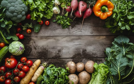 A rich display of garden vegetables spread on an old wooden surface with copy space for text