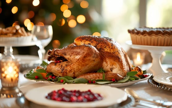 Classic roast turkey centerpiece in a festive setting, garnished with herbs and berries, ready for a holiday feast