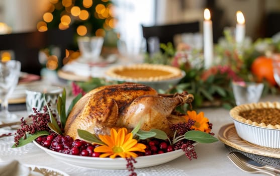A beautifully presented holiday turkey surrounded by seasonal trimmings, capturing the warmth of festive celebrations