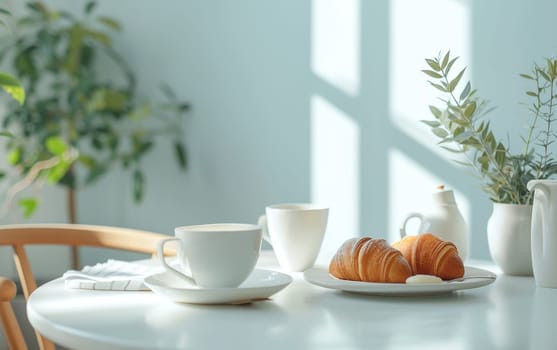 Pristine breakfast setting with croissants and coffee on a sunny table, accompanied by a fresh plant in a white pot
