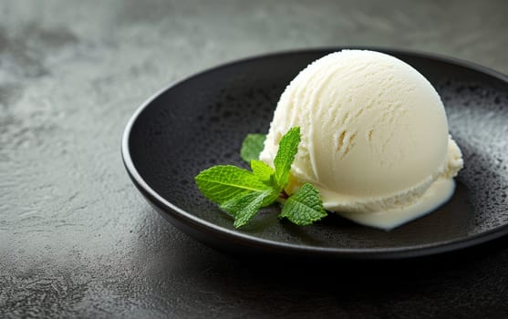 Perfect scoop of vanilla ice cream with a mint leaf on a dark plate