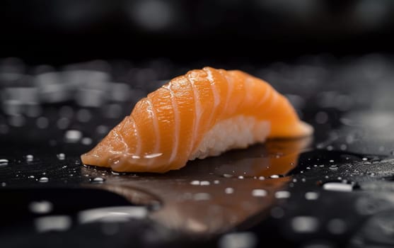 Lustrous salmon sushi piece delicately placed on a dark, reflective surface with scattered salt grains