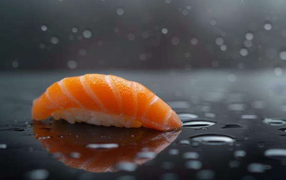 Lustrous salmon sushi piece delicately placed on a dark, reflective surface with scattered salt grains