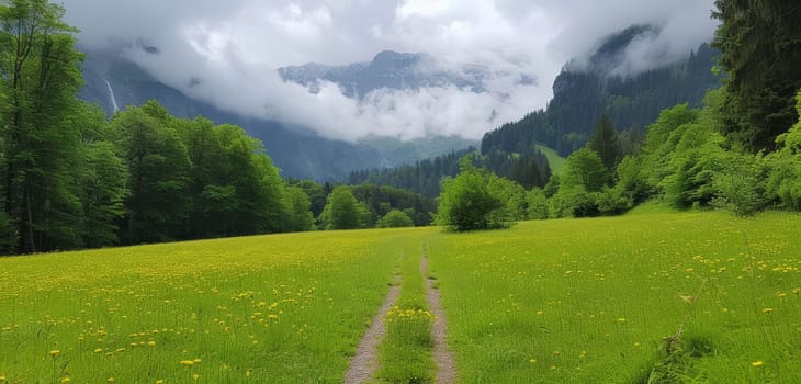 Serene path through a lush green valley with towering mountains in the background