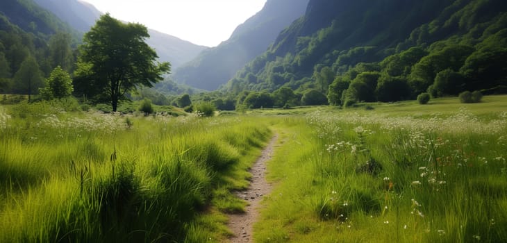 Serene path through a lush green valley with towering mountains in the background