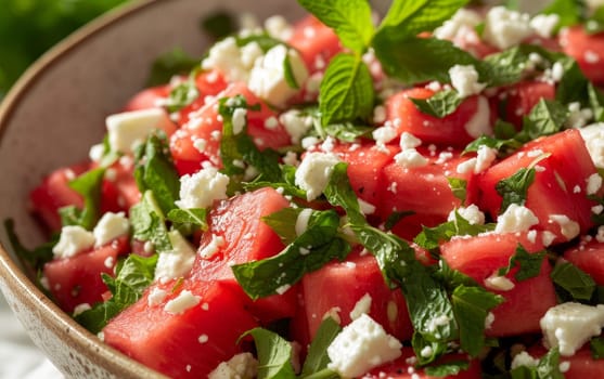 Bright watermelon salad with feta cheese and fresh mint on a sunny table