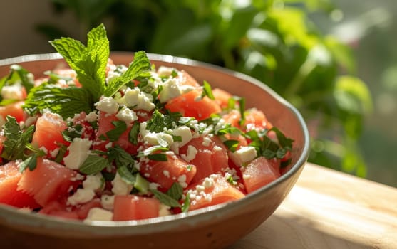 Bright watermelon salad with feta cheese and fresh mint on a sunny table