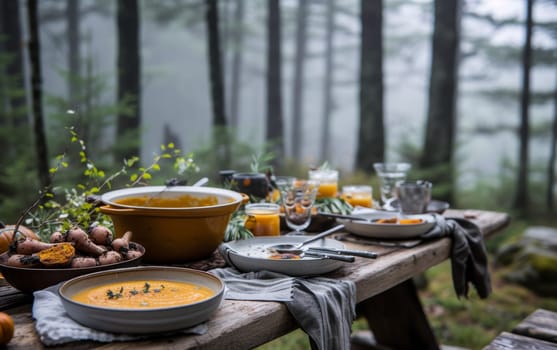 Cozy outdoor meal in a misty forest, featuring hearty soup and rustic bread on a wooden picnic table