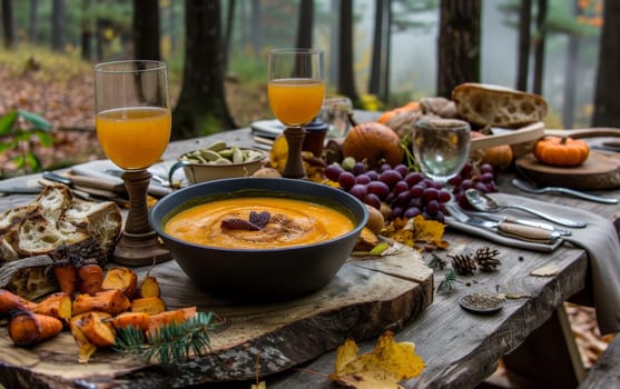 Autumn-inspired picnic spread with pumpkin soup, surrounded by fall decorations and a forest background