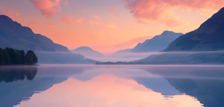 Stunning sunset over a calm lake reflecting vibrant hues of pink and orange mountains