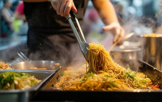 Steam rises from a sizzling wok as noodles are expertly tossed at a bustling street food market stall