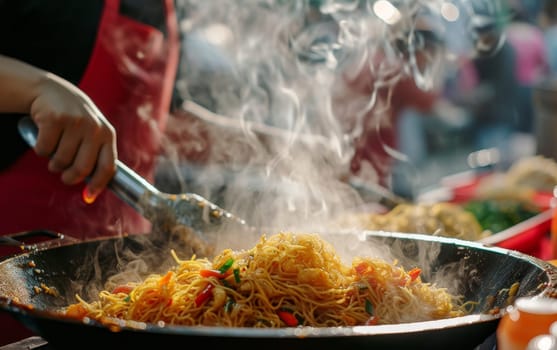 Steam rises from a sizzling wok as noodles are expertly tossed at a bustling street food market stall