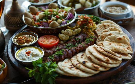 Richly decorated platter of Middle Eastern cuisine featuring kebabs, fresh salads, and an array of dips and bread