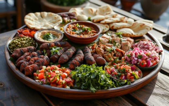 Richly decorated platter of Middle Eastern cuisine featuring kebabs, fresh salads, and an array of dips and bread