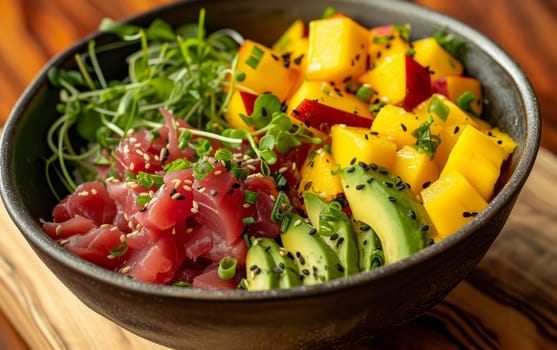 A harmonious blend of sushi-grade tuna, ripe mango, and creamy avocado in a poke bowl, sprinkled with sesame seeds