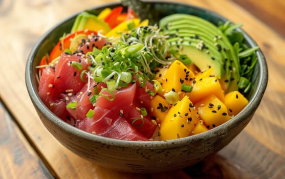 A harmonious blend of sushi-grade tuna, ripe mango, and creamy avocado in a poke bowl, sprinkled with sesame seeds