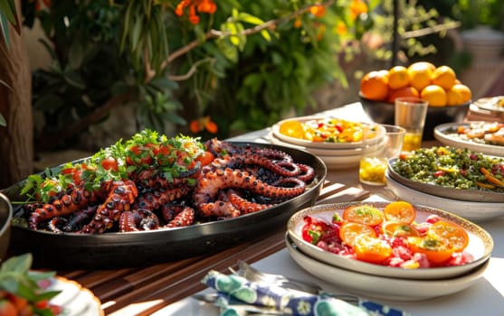 Sun-kissed Mediterranean feast featuring grilled octopus garnished with parsley, served with a colorful array of sides