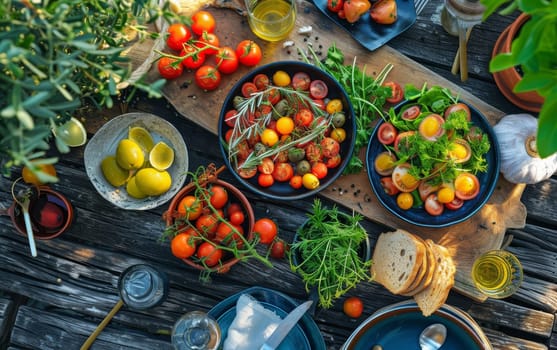 An overhead view of a garden-fresh tomato salad, featuring a colorful medley of heirloom tomatoes, on a rustic wooden table