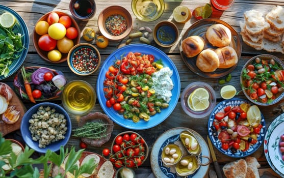 An overhead view of a garden-fresh tomato salad, featuring a colorful medley of heirloom tomatoes, on a rustic wooden table