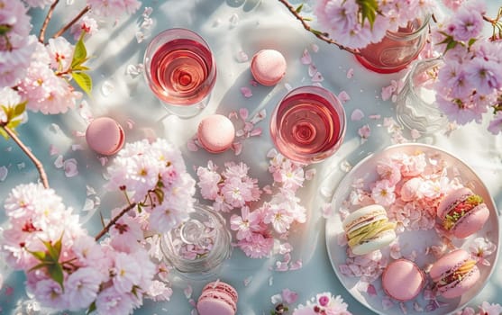 A picturesque springtime picnic with pink macarons and wine, surrounded by soft cherry blossoms in gentle sunlight