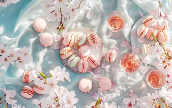 Elegant spring setting with pink macarons and rose wine, adorned with cherry blossoms on a silky blue backdrop