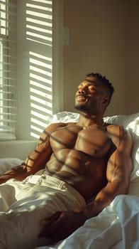 A man with a bare chest is lounging on a bed by a window, his jaw relaxed and thumb resting on his abdomen. He exudes comfort and calmness in this tranquil event