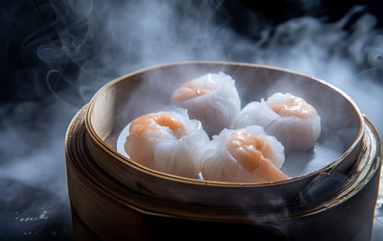 Close-up of steaming hot dim sum in a bamboo steamer, showcasing traditional Chinese cuisine