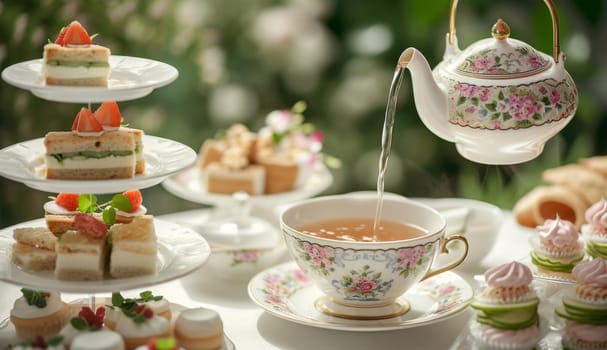 Graceful tea party with fine china, featuring tea pouring and an array of elegant finger foods, against a backdrop of greenery