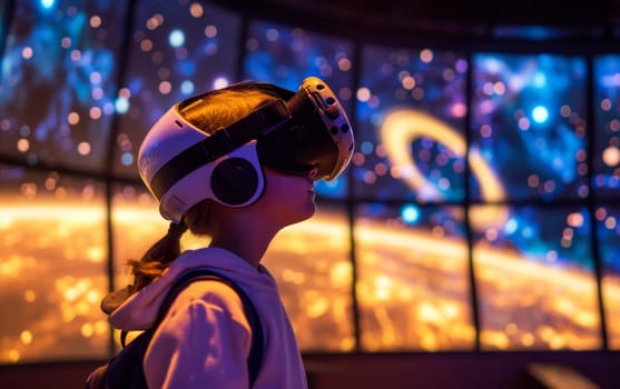 Kid in a VR workshop exploring the wonders of space, simulating a journey through the cosmos