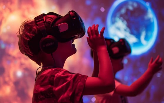 Youngster in VR headset immersed in a virtual space adventure, surrounded by stars and nebulae