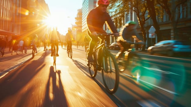 Dynamic image of cyclists riding in city during sunset creating long shadows