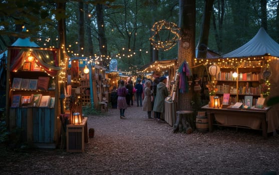 People strolling through a twilight Christmas market adorned with festive lights and decorations