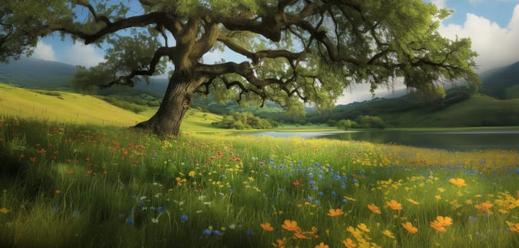 Majestic oak tree stands over a colorful wildflower meadow by a serene lake, exemplifying natural splendor