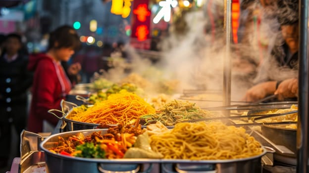 A colorful display of various street foods steaming on a busy market stand at night