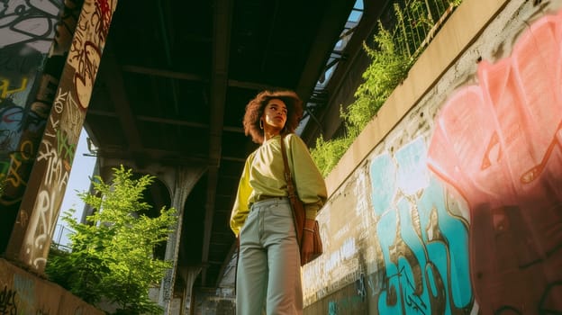 Stylish young individual posing confidently in an urban underpass with vibrant graffiti