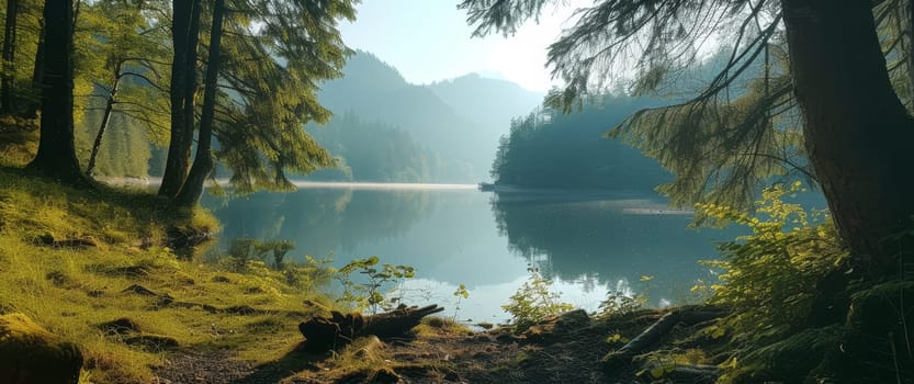 Calm lake reflecting the serene beauty of a mountain landscape and lush forests in a tranquil morning setting