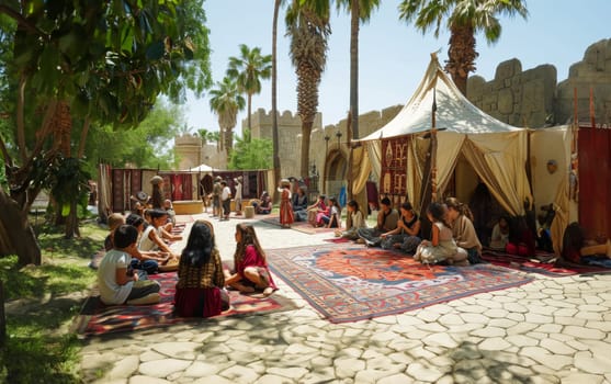 Group of people enjoying a cultural event with tents and traditional rugs in an oasis setting