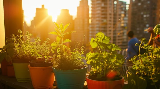 Sunset over a city balcony garden, highlighting a lush collection of potted plants and the silhouette of an urban gardener