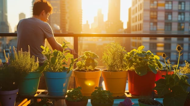 A person enjoys gardening on their city balcony during sunset, surrounded by an array of plants against an urban backdrop