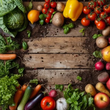 Assortment of fresh vegetables and fruits on rustic wooden background from above