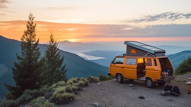 Solitary retro yellow camper van parked on a serene mountain peak at twilight