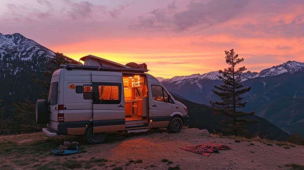 Solitary camper van parked on a serene mountain peak at twilight