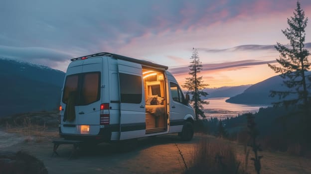 Camper van parked on a mountain at sunset with panoramic views of the valley