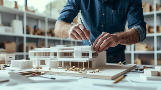 Concentrated architect constructing a detailed model house in office