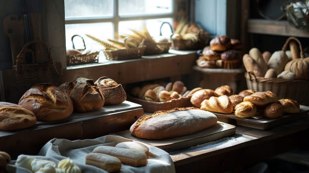 A rustic display of various freshly baked artisanal bread in a bakery