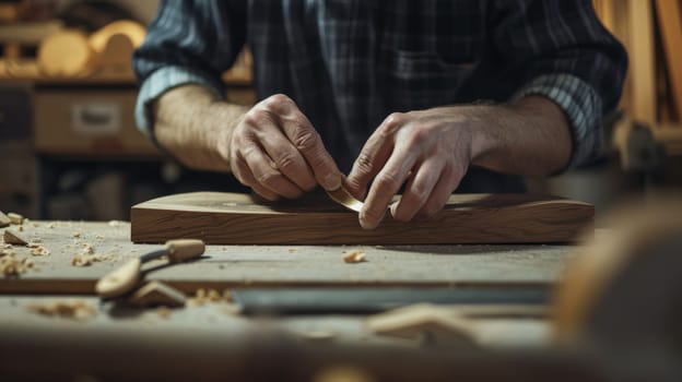 Craftsman hands carving wood with precision in a dusty workshop