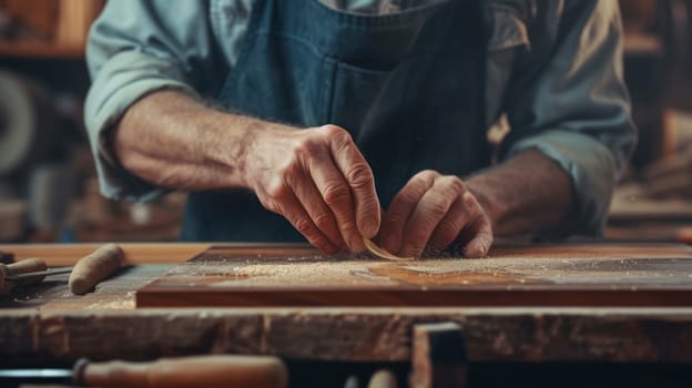 Craftsman hands carving wood with precision in a dusty workshop