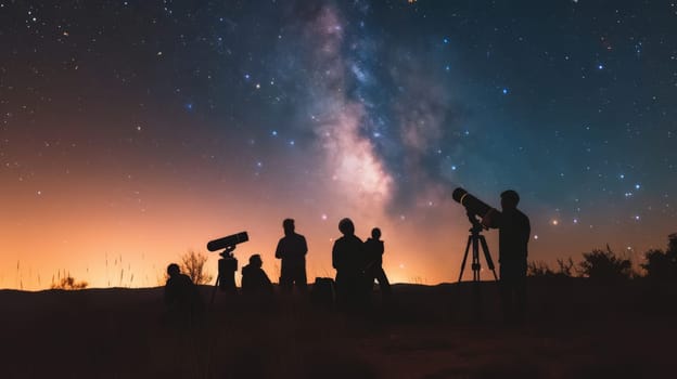 Group of people stargazing in a field using telescopes under a starry night sky
