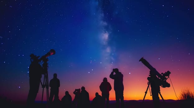Group of people stargazing in a field using telescopes under a starry night sky